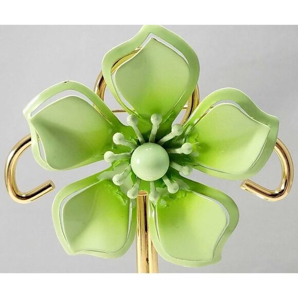 Vintage Light Green Flower Brooch, Enamel On Metal, 1960s, 2 3/8 Inches - Picture 10 of 10